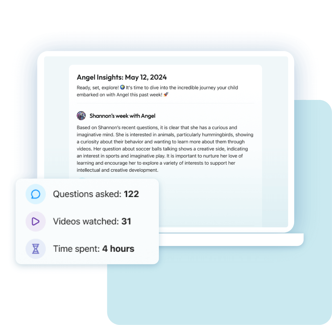 A ParentQ weekly summary, showing a child's questions, videos watched and time spent